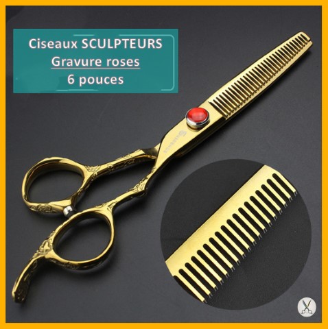 Ciseaux professionnels de coiffure sculpteurs - gravure roses - 6 pouces –  or - Palais des ciseaux
